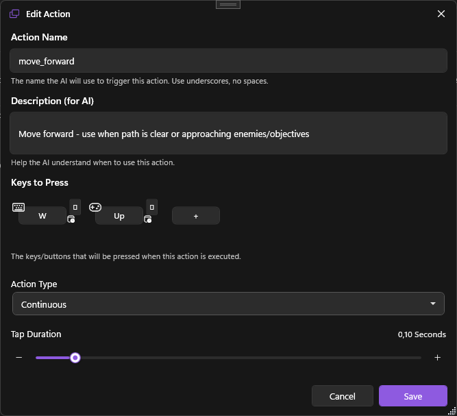 Edit Action dialog