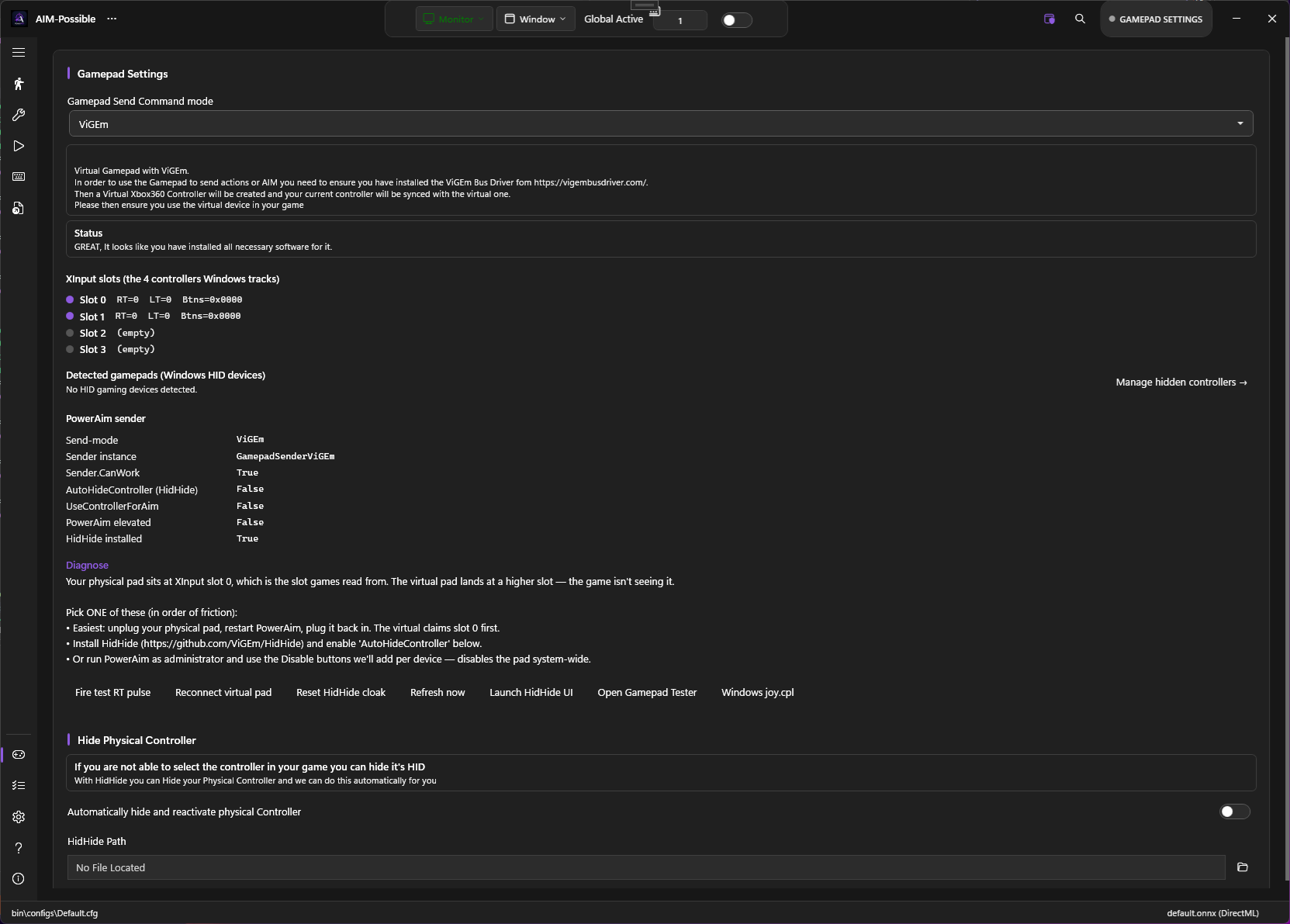 Gamepad settings page with ViGEm OK status