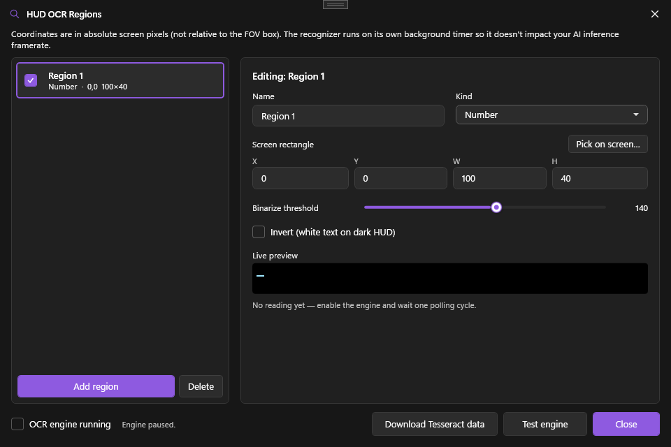 OCR regions dialog